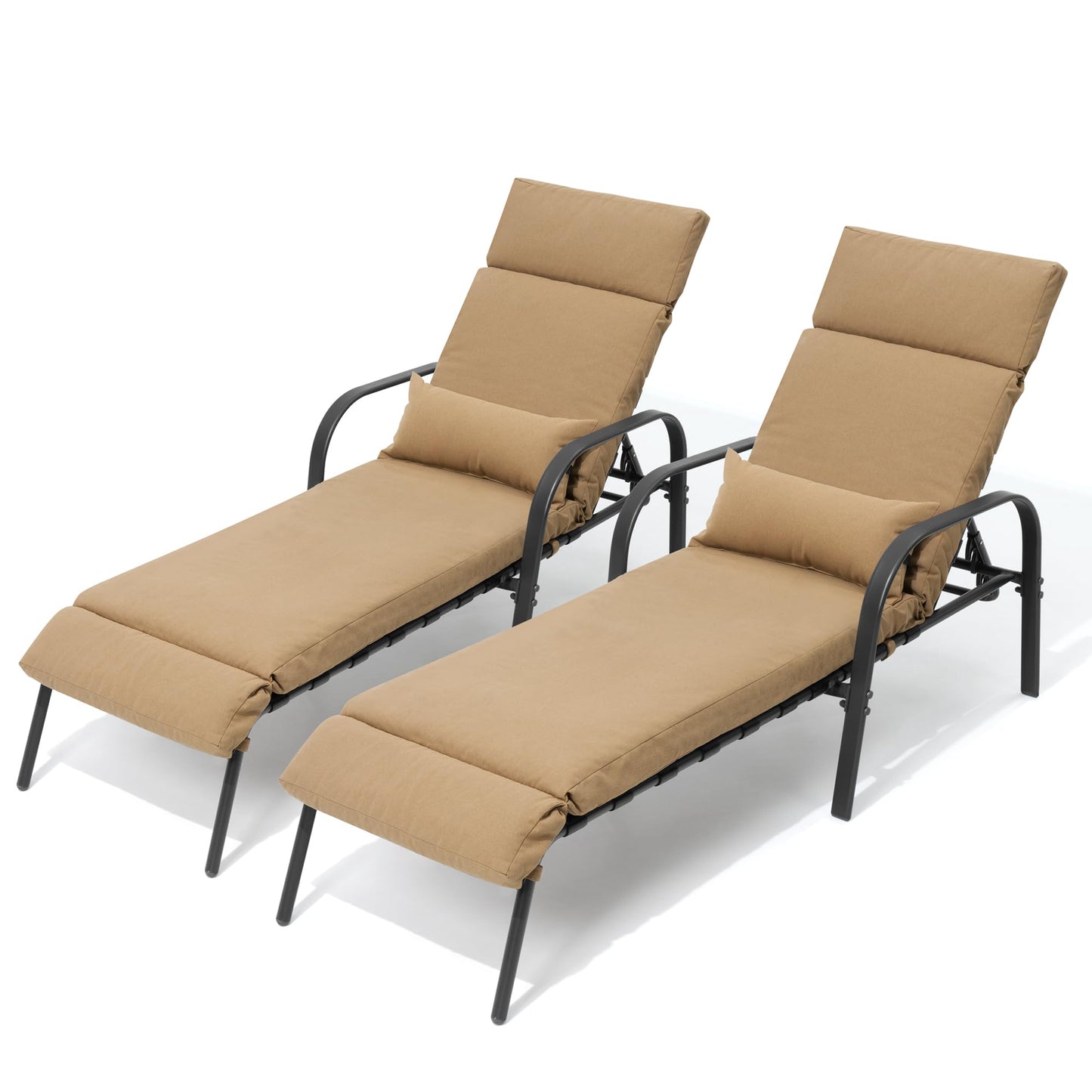Pellebant Patio Chaise Lounge Chair with Cushion, Adjustable Lounge Chair with 5 Positions, Outdoor Recliners All Weather for Beach, Pool and Yard, 2 Pcs, Tan