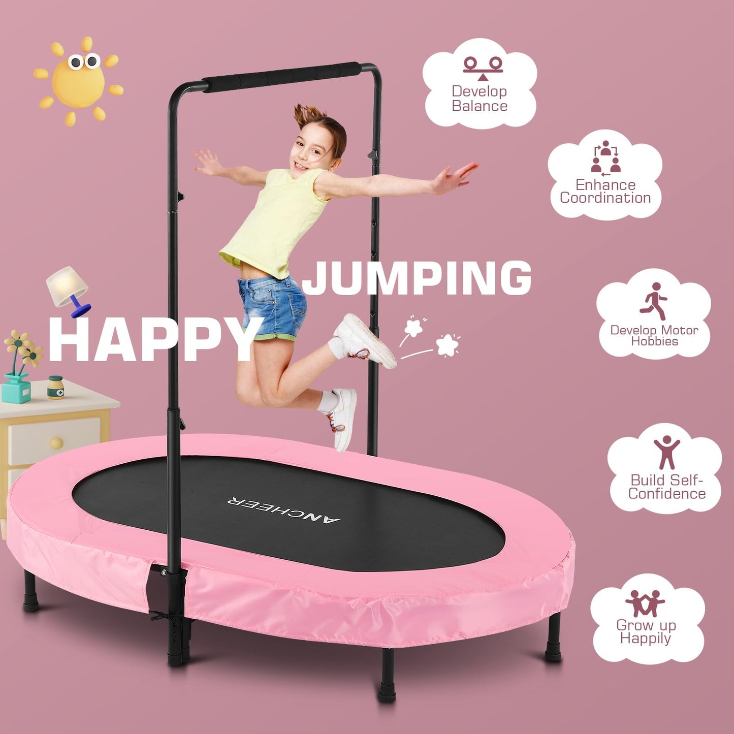 ANCHEER Foldable Trampoline, Mini Rebounder Trampoline with Adjustable Handle, Exercise Trampoline for Indoor/Garden/Workout Cardio, Parent-Child Twins Trampoline Max Load 220lbs (Training Pink)