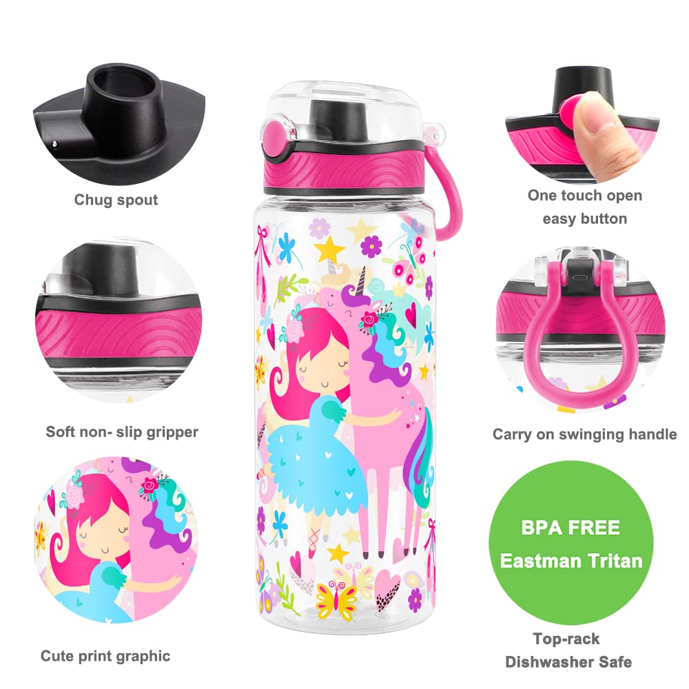 Cute Water Bottle for School Kids Girls, BPA FREE Tritan & Leak Proof & Easy Clean & Carry Handle, 23oz/ 680ml - Girl & Unicorn