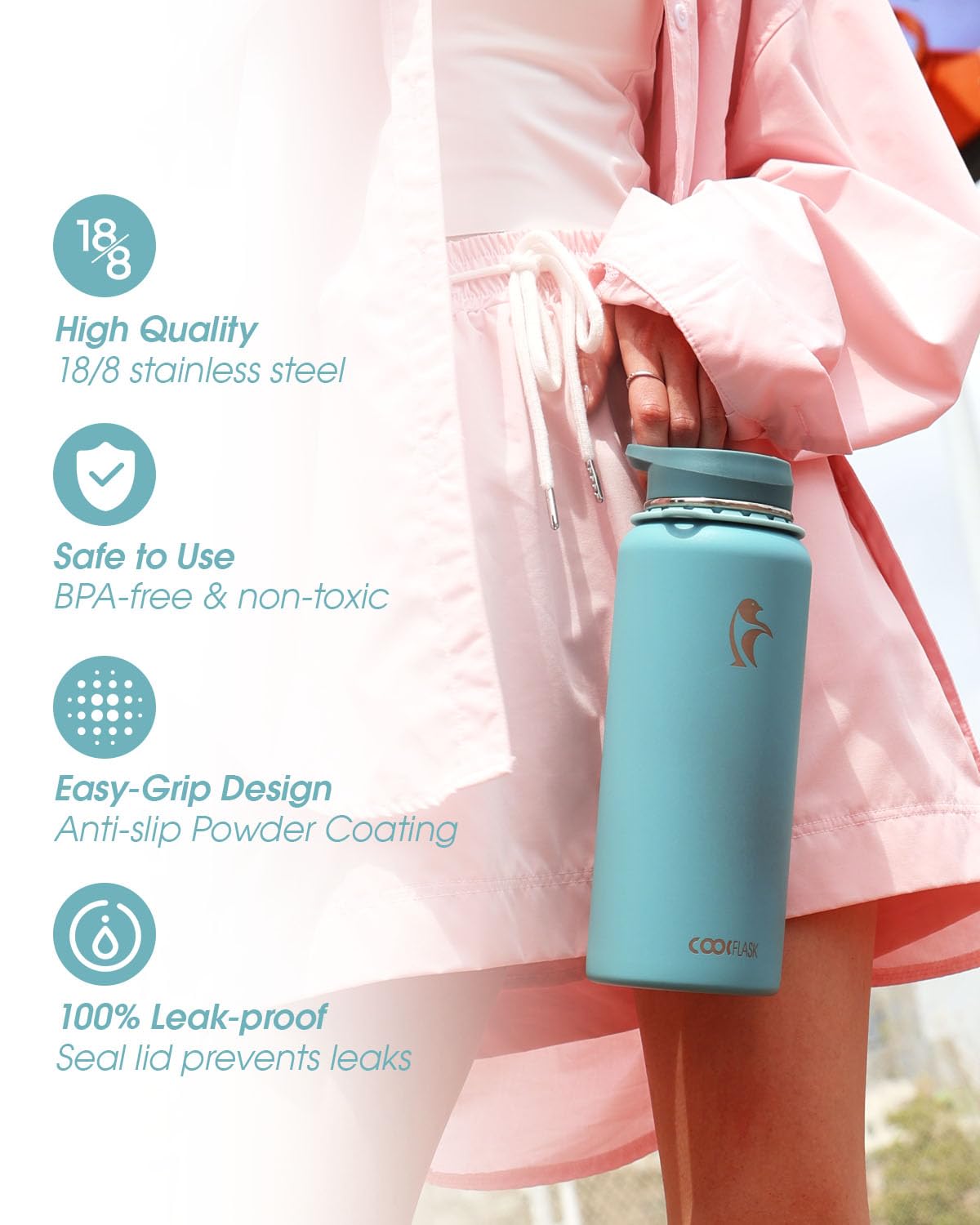 Coolflask Water Bottle 40 oz with Strap, Insulated Metal Water Flask with Straw & Spout Lids, Stainless Steel Double Wall Vacuum, Keep Cold 48h Hot 24h, Leak Proof & Non-BPA, Agate Green