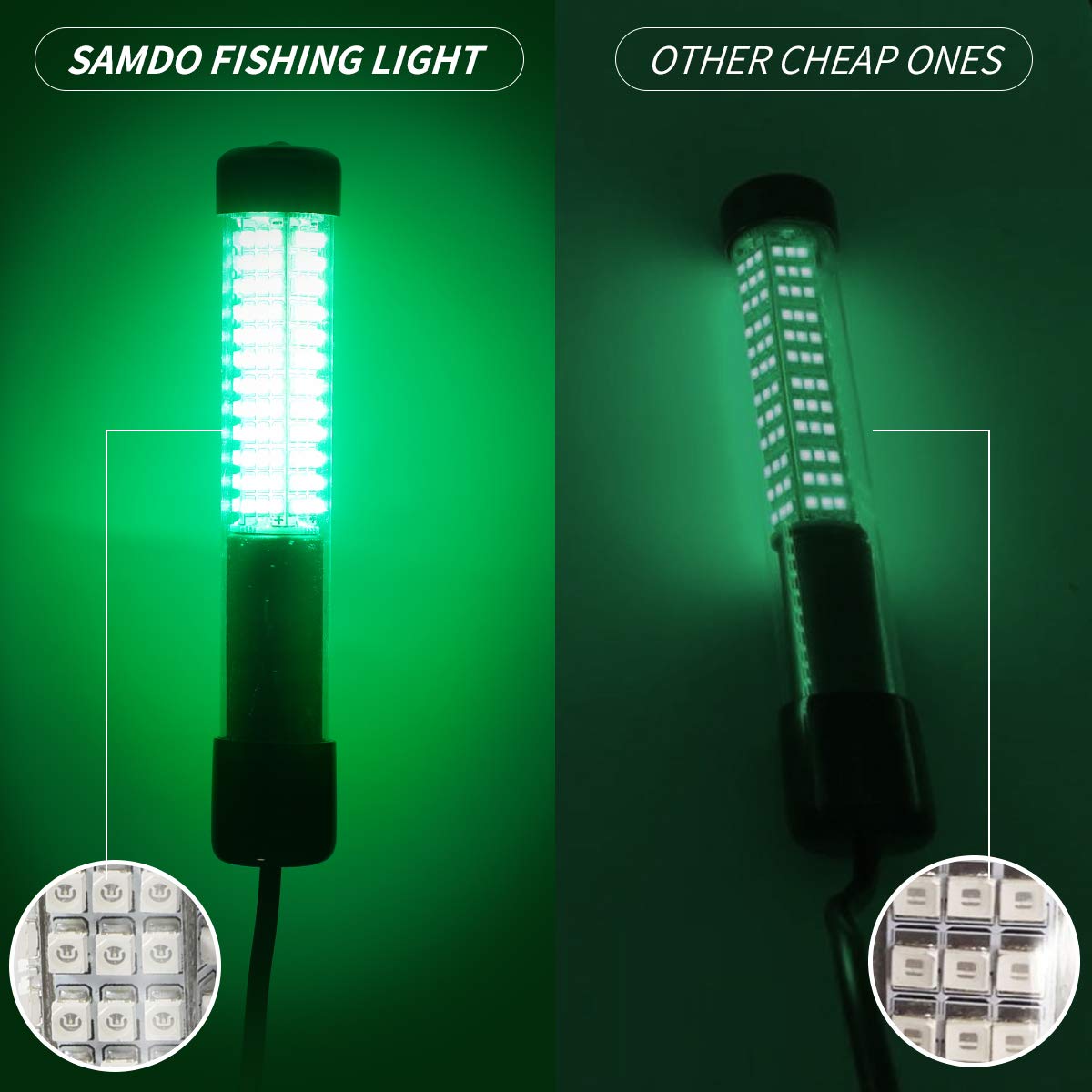 SAMDO Underwater Fishing Light Fish Light IP68 12V 180 SMD LED 1080 Lumens Fishing Boat Night Light 10.8W (Green)