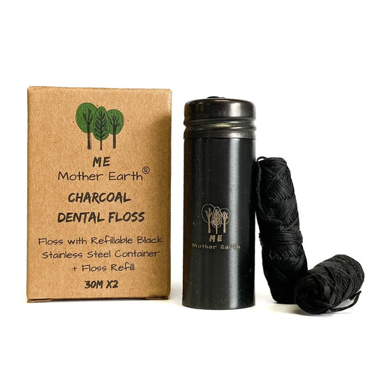 Vegan Biodegradable Bamboo Charcoal Dental Floss with Refillable Stainless Steel Container | 33yds x2 | Extra Floss Refill | Natural Candelilla Wax | Peppermint | Eco Zero Waste Oral Care