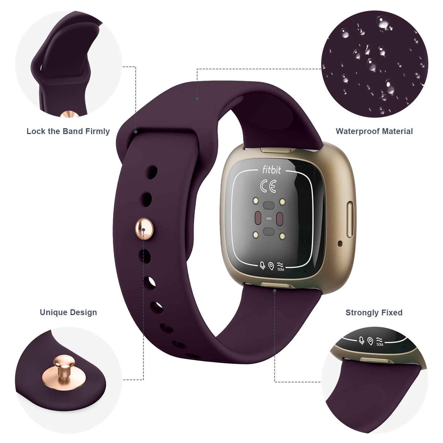 Vancle Bands Compatible with Fitbit Versa 4 / Versa 3 Bands Women Men, Fitbit Sense 2 / Sense Bands, Soft Silicone Replacement Bracelet Strap for Fitbit Versa 4/ Sense 2 Smart Watch (Large, Dark Purple)