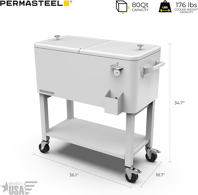 Permasteel Party Cooler with Removable Basin, Spacious 80-Qt Capacity, Rolling Ice Chest for Indoor and Outdoor Entertainment White + Bonus Cover