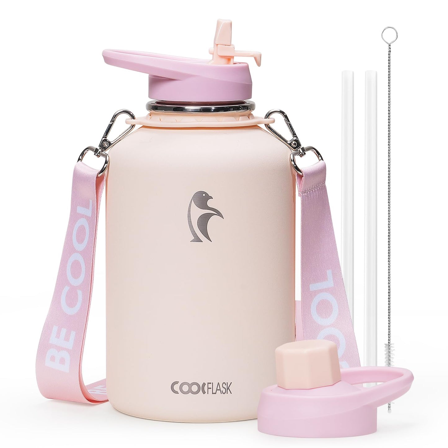 Coolflask Half Gallon Water Bottle Insulated with Straw, 64 oz Large Water Jug with Straw & Spout Lids, Double Wall Stainless Steel Metal Flask, Keep Cold 48h Hot 24h, Apricot Pink
