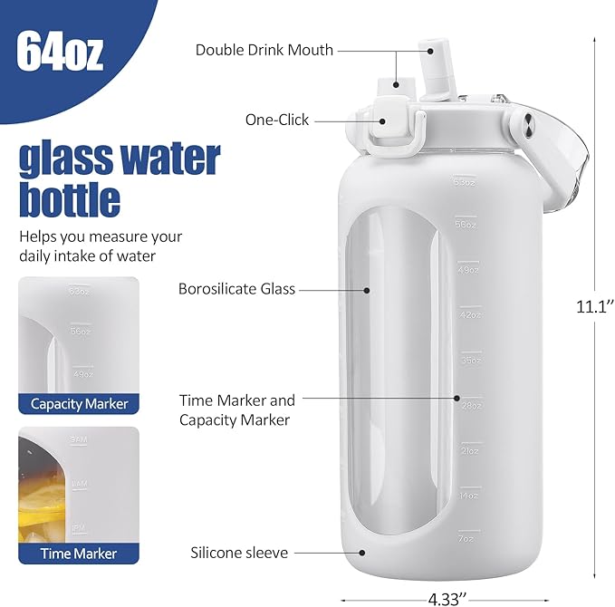 BLUEGO 64oz Glass Water Bottle with Handle and Straw, Motivational Sports Water Bottle with Time Marker and Silicone Sleeve Leakproof Drinking Bottle for Travel Gym Workout, White