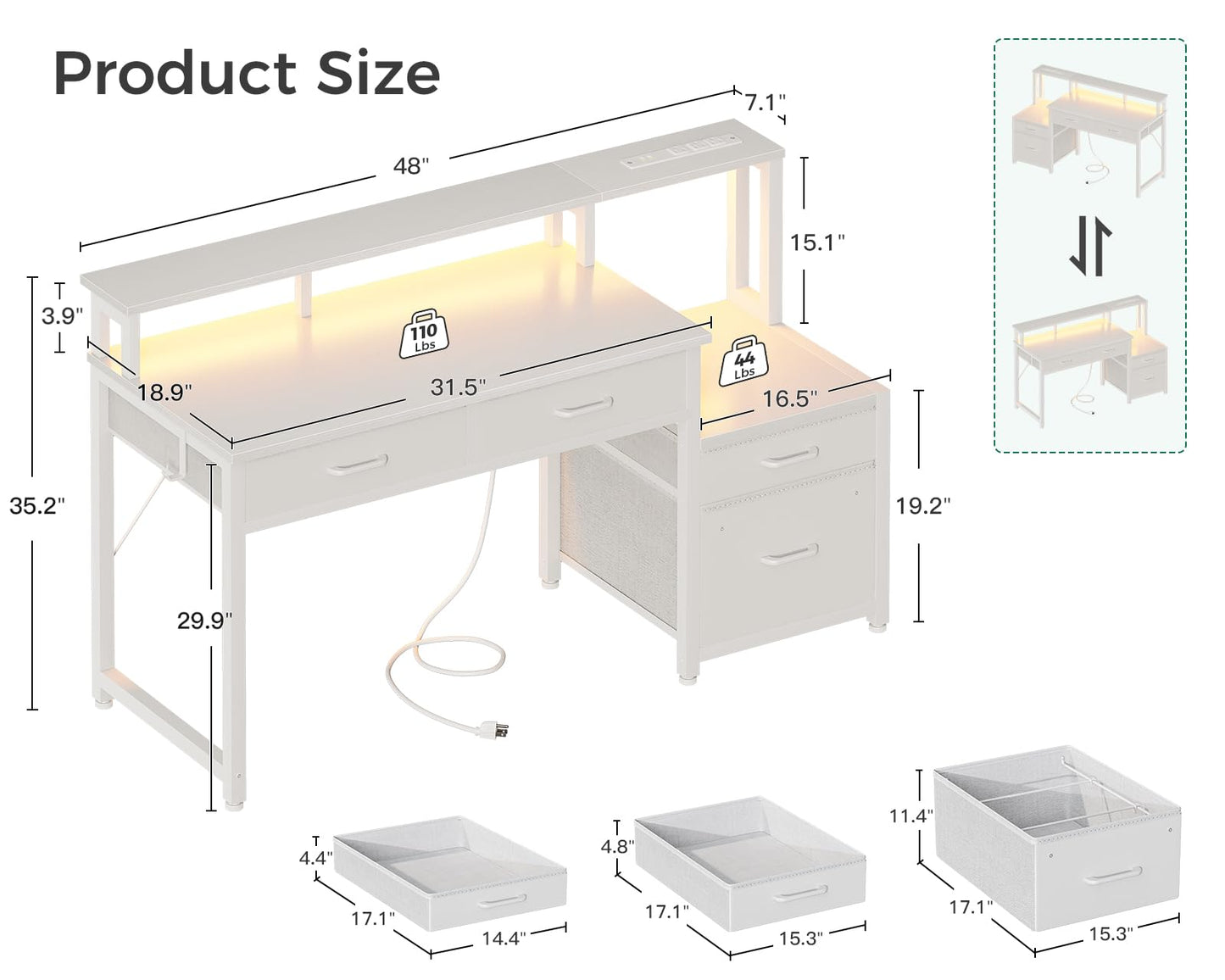 AODK Computer Desk with 4 Drawers, 48 Inch Reversible Desk with Led Lights & Power Outlet, Office Desk with File Drawer & Monitor Stand, Work Table for Home Office, White