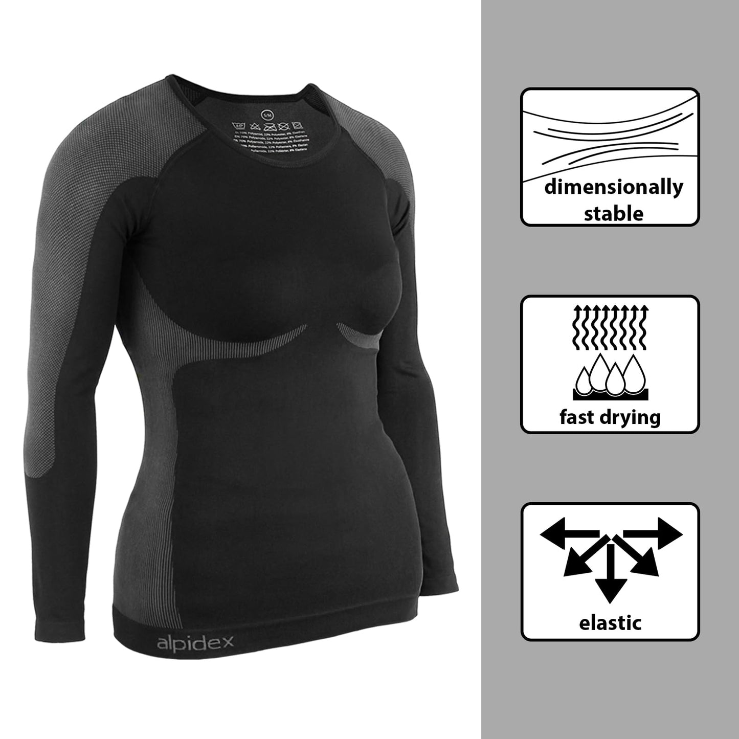 ALPIDEX Functional Wear Thermal Underwear Woman Ski Breathable Quick Drying Clothing Warm Base Layer Ladies Cold Weather Set Long Johns Top Bottom, Size:S/M, Colour:Black-Grey