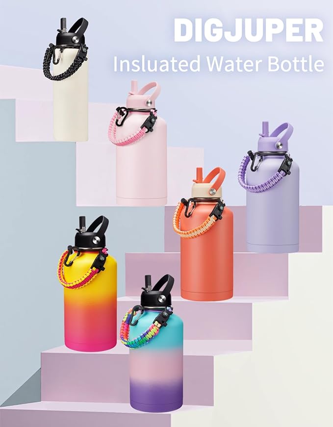 Half Gallon Water-Bottle with Straw - Pop-up Chug Lid (Cold 48H & Hot 24H) 64oz Insulated Water Bottle Flask with Sleeve Strap, Paracord Handle, Bottle Boot, Pink Stainless Steel Metal Water Jug