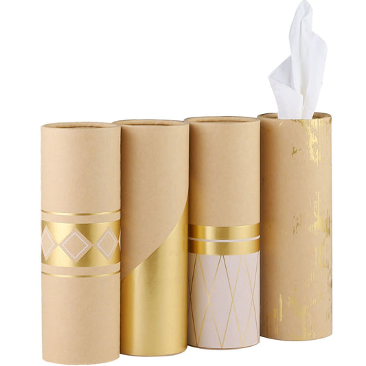 Car Tissue Holder with 3-ply Facial Tissues Bulk - 4 PK Gold Foil Cylinder, for Car, Travel Cup Holder, Refill Box Round Container Kraft