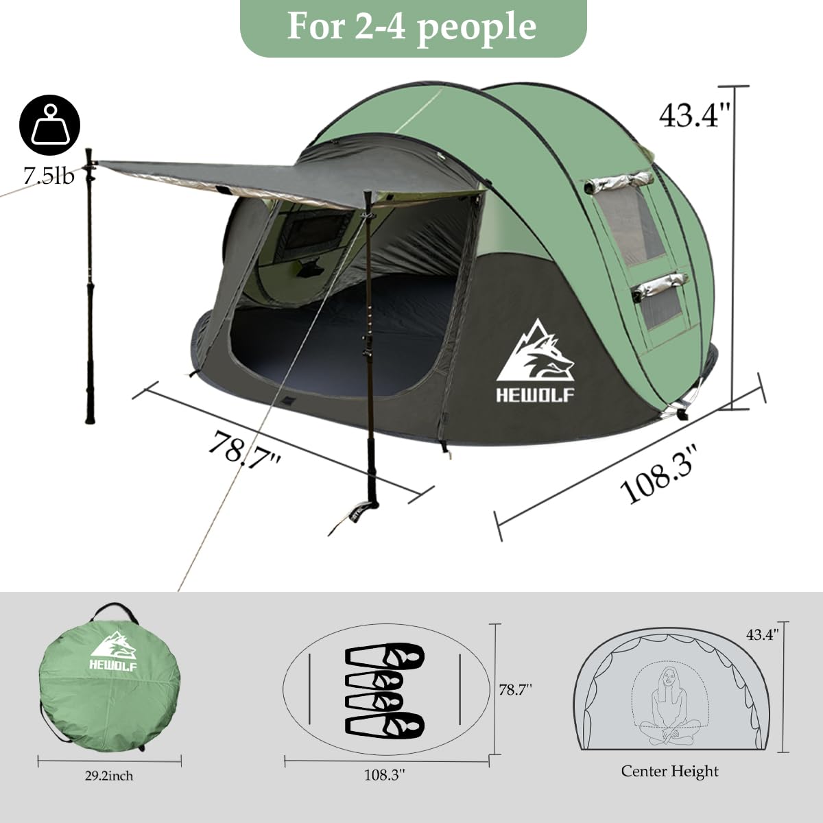 HEWOLF 3-4 Person Pop Up Tents for Camping Easy Set Up Pop Up Tent Waterproof Portable Tent Automatic Setup with 2 Bigs Doors Family Tents for Hiking (Green)