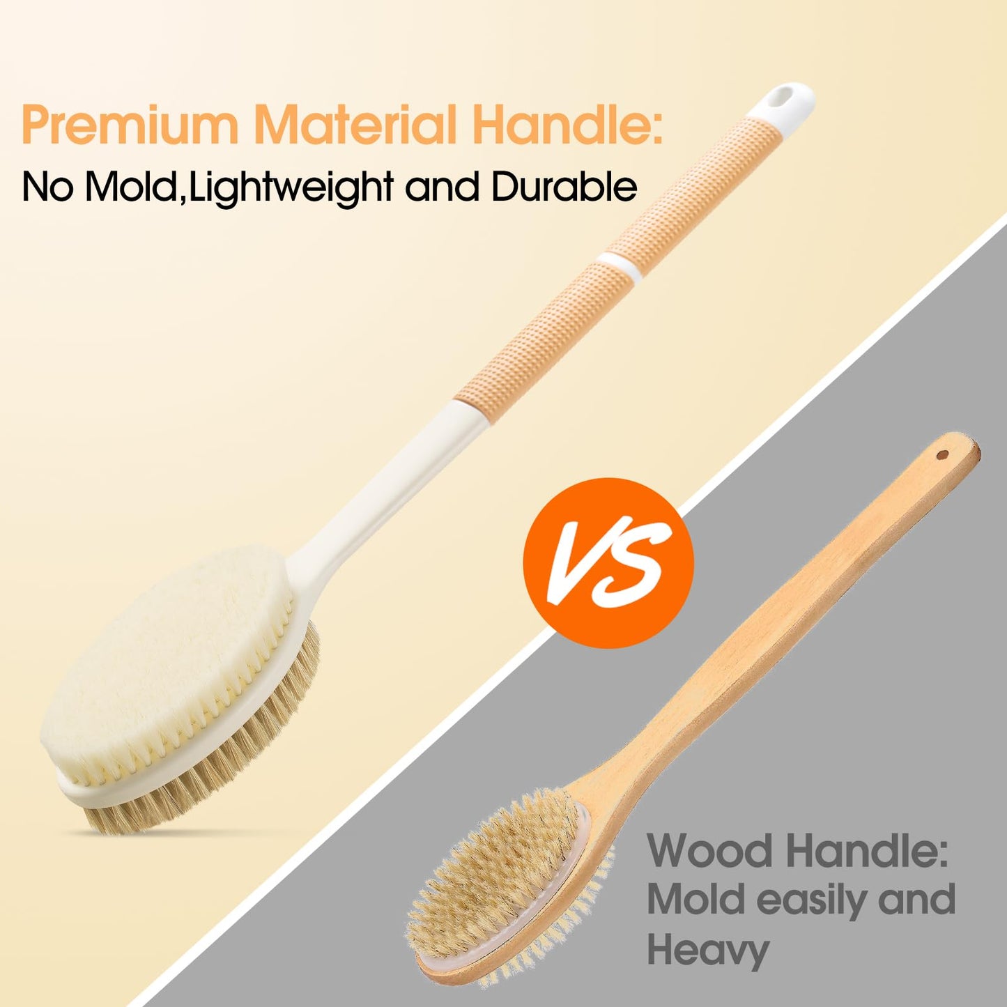 Backski Body Scrubber Anti Slip for Shower,Shower Brush Long Handle with Stiff and Soft Bristles,Body Wash Exfoliating Back Scrubber for Bath or Dry Brushing Body Brush(Orange)