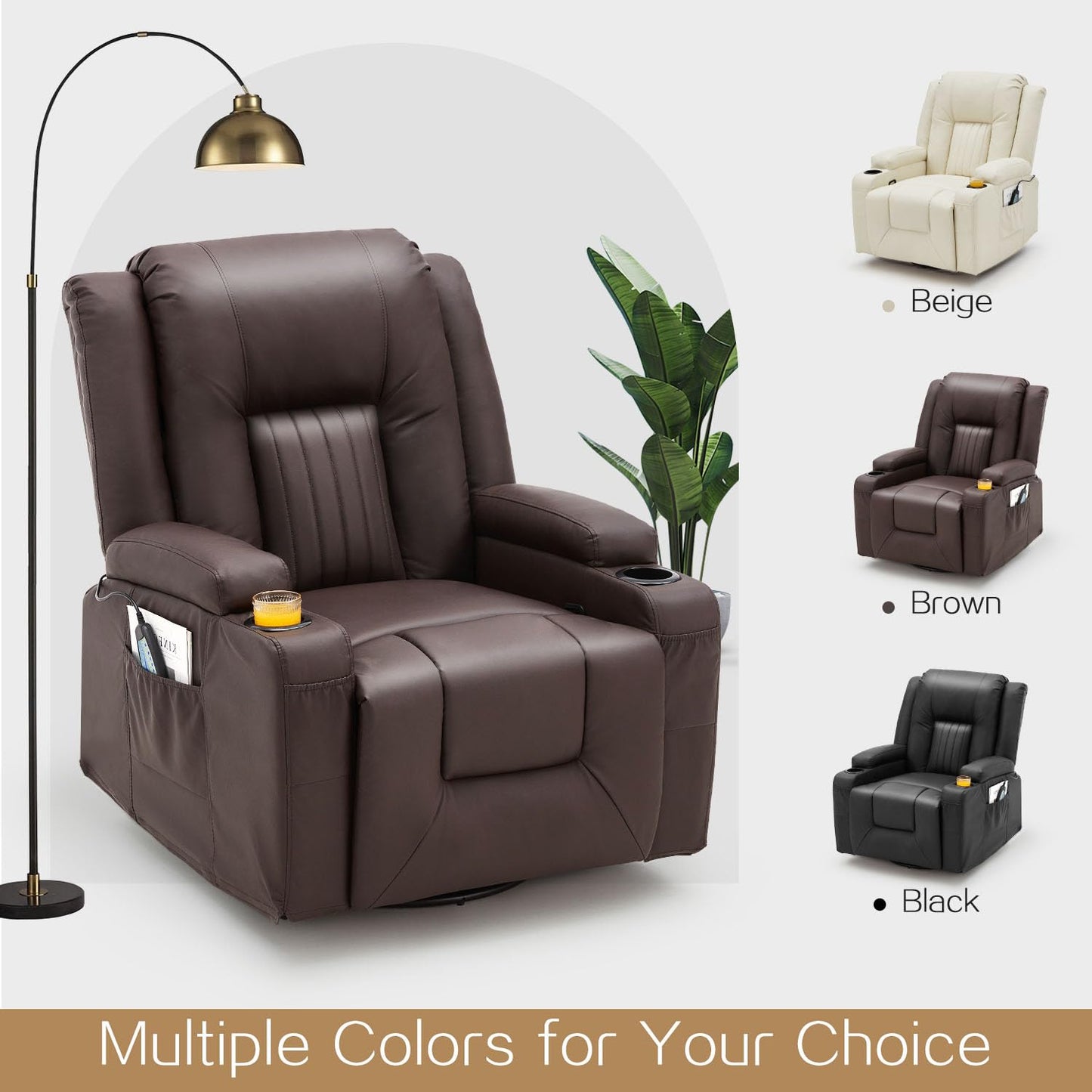 YODOLLA Massage Manual Recliner Chair with Heat, Leather Rocking Swivel Recliner Lazy Boy Recliner Chair w/ 2 Side Pockages, 2 Cup Holders for Living Room, RV, Brown
