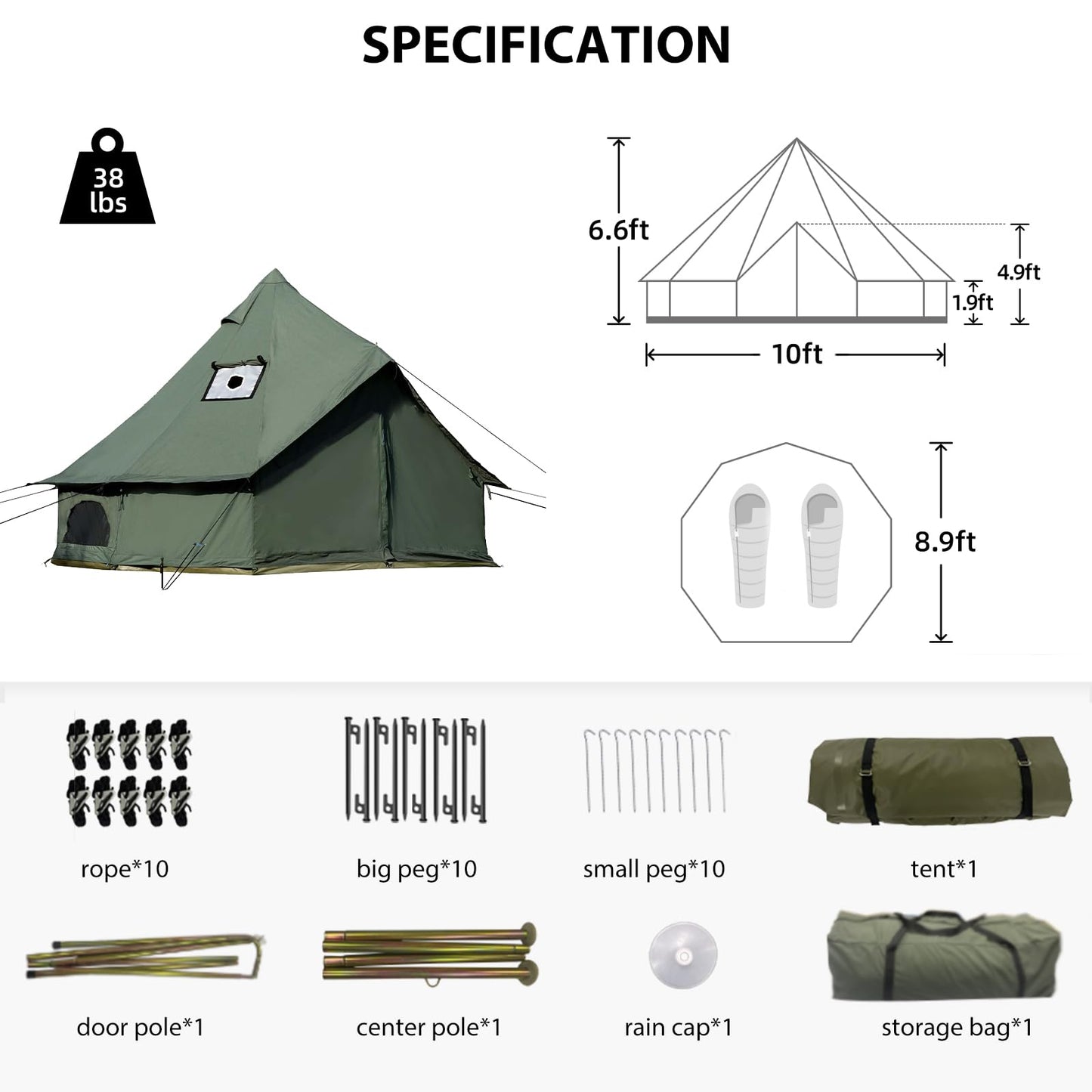 WaldZimmer Canvas Bell Tent 10ft Green with Stove Jack and Zipped Removable Floor, Luxury Outdoor Glamping Yurt Cotton Tent for Family Truck Car Camping Hunting Party