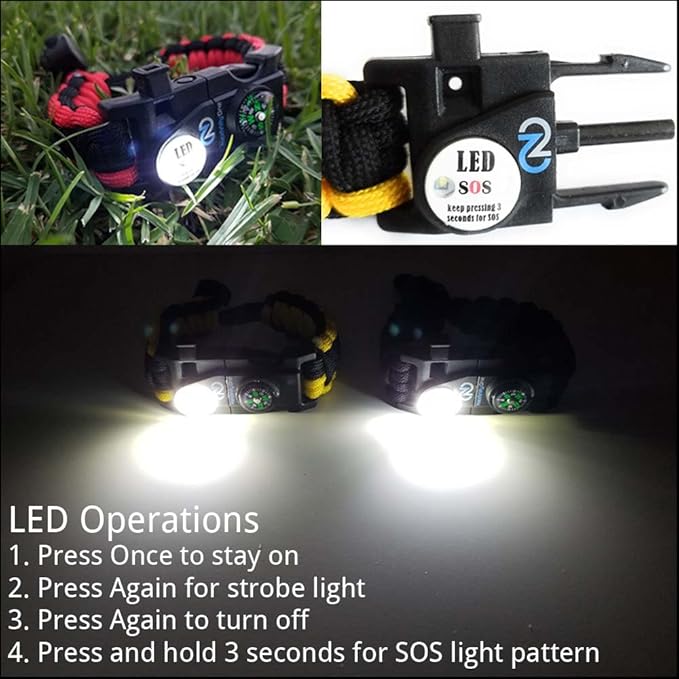 Survival Paracord Bracelet - Tactical Emergency Gear Kit with SOS LED Light, 550 Grade, Adjustable, Multitools, Fire Starter, Compass, and Whistle - Set of 2
