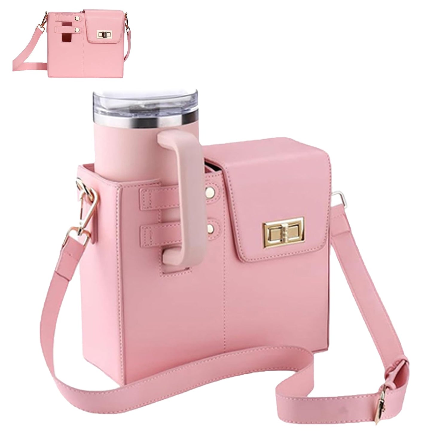 PUENBKO Outdoor Portable Crossbody Water Cup Storage Bag, Cross Body Bag with Water Bottle Holder, Adjustable Shoulder Strap, Water Bottle Carrier Bag with Storage Pocket for Women (pink)