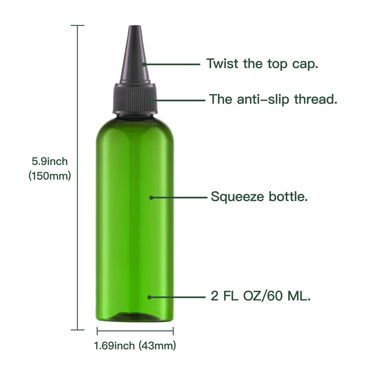 Tekson Hair Color Applicator Bottles, 5 Pack Refillable Squeeze Bottle, Empty Plastic Twist Top Cap Bottles (3.4 OZ, Green)