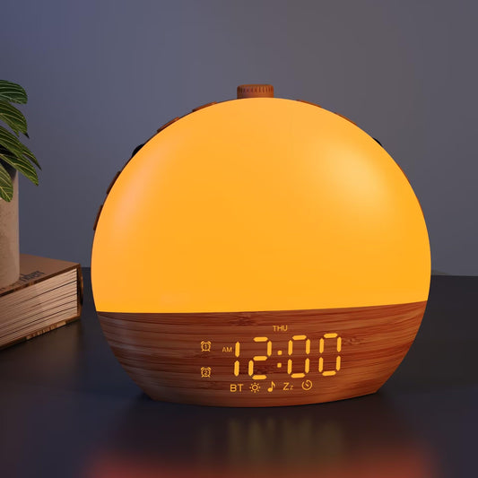 Sunrise Alarm Clock with Sound Machine - Wake Up Light, Wood Grain, Bluetooth, Dual Digital Alarm Clocks for Bedrooms, Adjustable Brightness, 30 Sleep Sounds, White Noise Machine for Baby & Adults