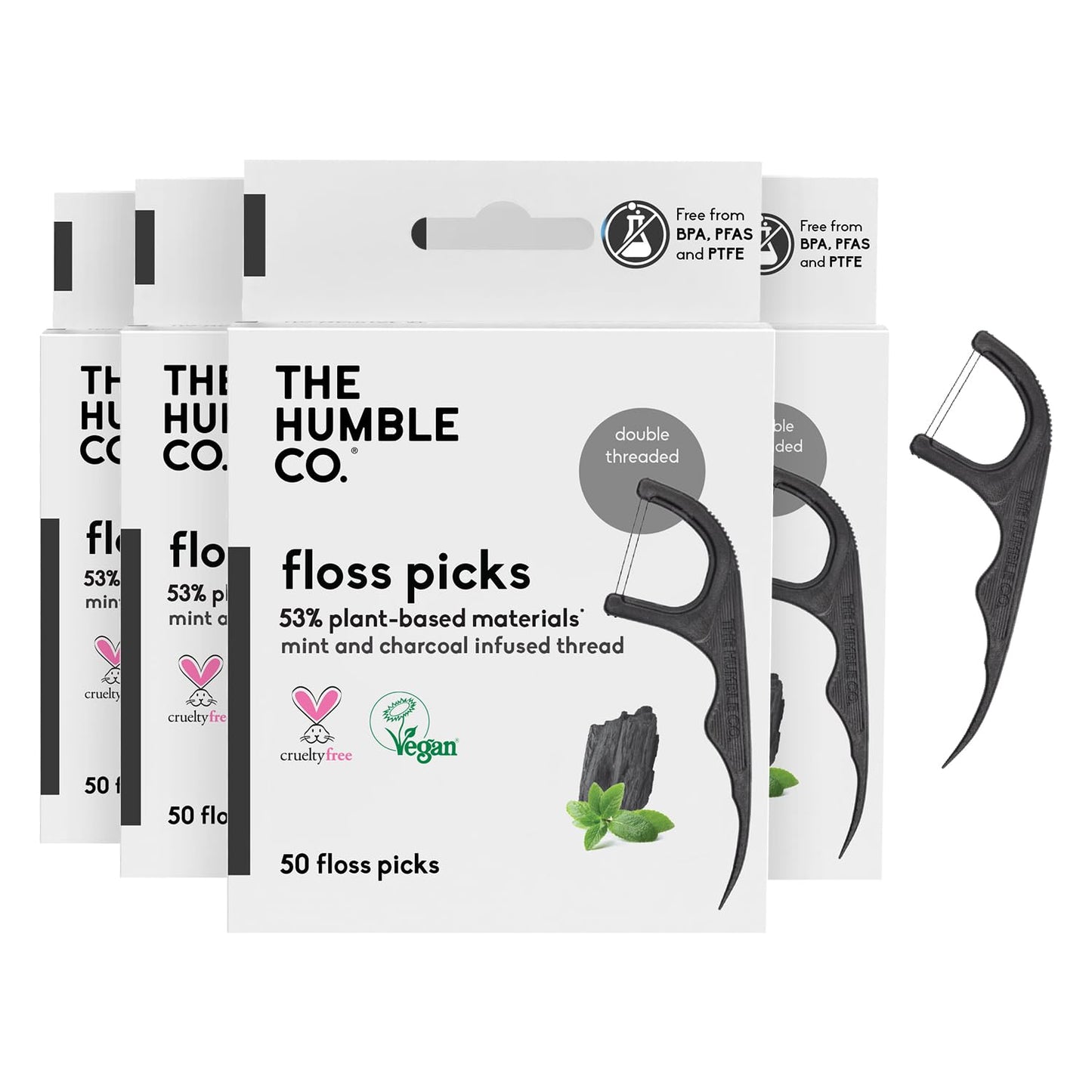 The Humble Co. Floss Picks (200 Count) – Plant Based Dental Floss Picks for Superior Oral Care, Dental Hygiene, and Gum Health, Cruelty Free Tooth Floss Picks (Mint, Double Thread)