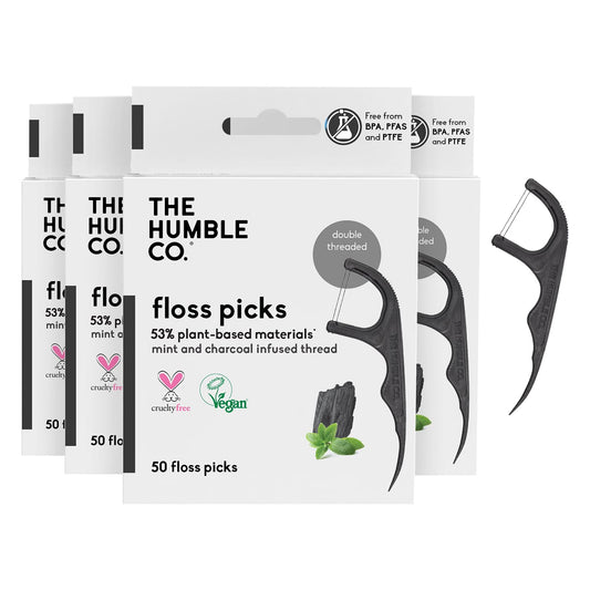 The Humble Co. Floss Picks (200 Count) – Plant Based Dental Floss Picks for Superior Oral Care, Dental Hygiene, and Gum Health, Cruelty Free Tooth Floss Picks (Mint, Double Thread)