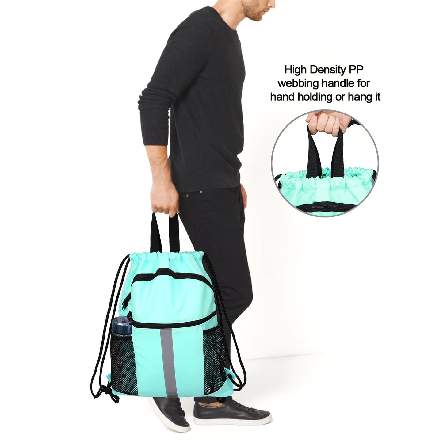 BeeGreen Mint Green Drawstring Backpack Bag with Shoe Compartment X-Large Gym Sports String Cinch Sackpack with Front Inside Zipper Pockets