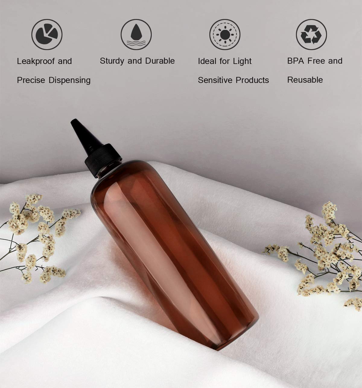 Sdoot Amber Squeeze Hair Color Applicator Bottle 16 Ounce for Hair, PET Plastic Refillable With Twist Top Cap - 2 Pack, Brown