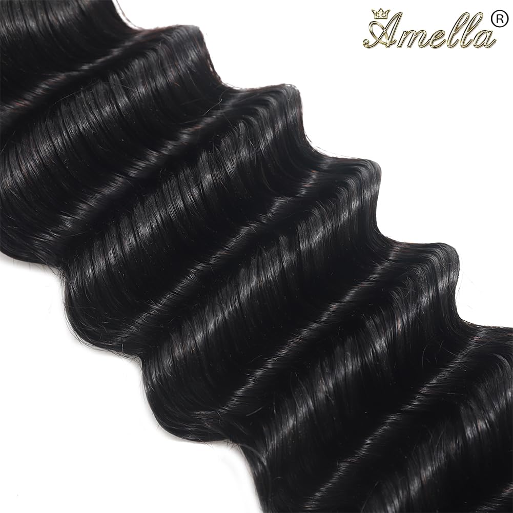 Amella Loose Deep Wave Bundles Human Hair One Bundle 100% Unprocessed Brazilian Virgin Human Hair Bundles Deep Wave Human Hair Bundles Hair Extensions Natural Color For Women 14 inch