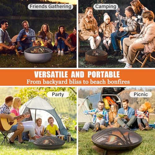 Fire Pit Spark Screen, Upgraded 22 Inch Outdoor Fire Pit Screen with Handle & Poker, Heavy-Duty Steel Fire Pit Cover Round Mesh Replacement Firepit Screen for Backyard/Beach/RV Camping