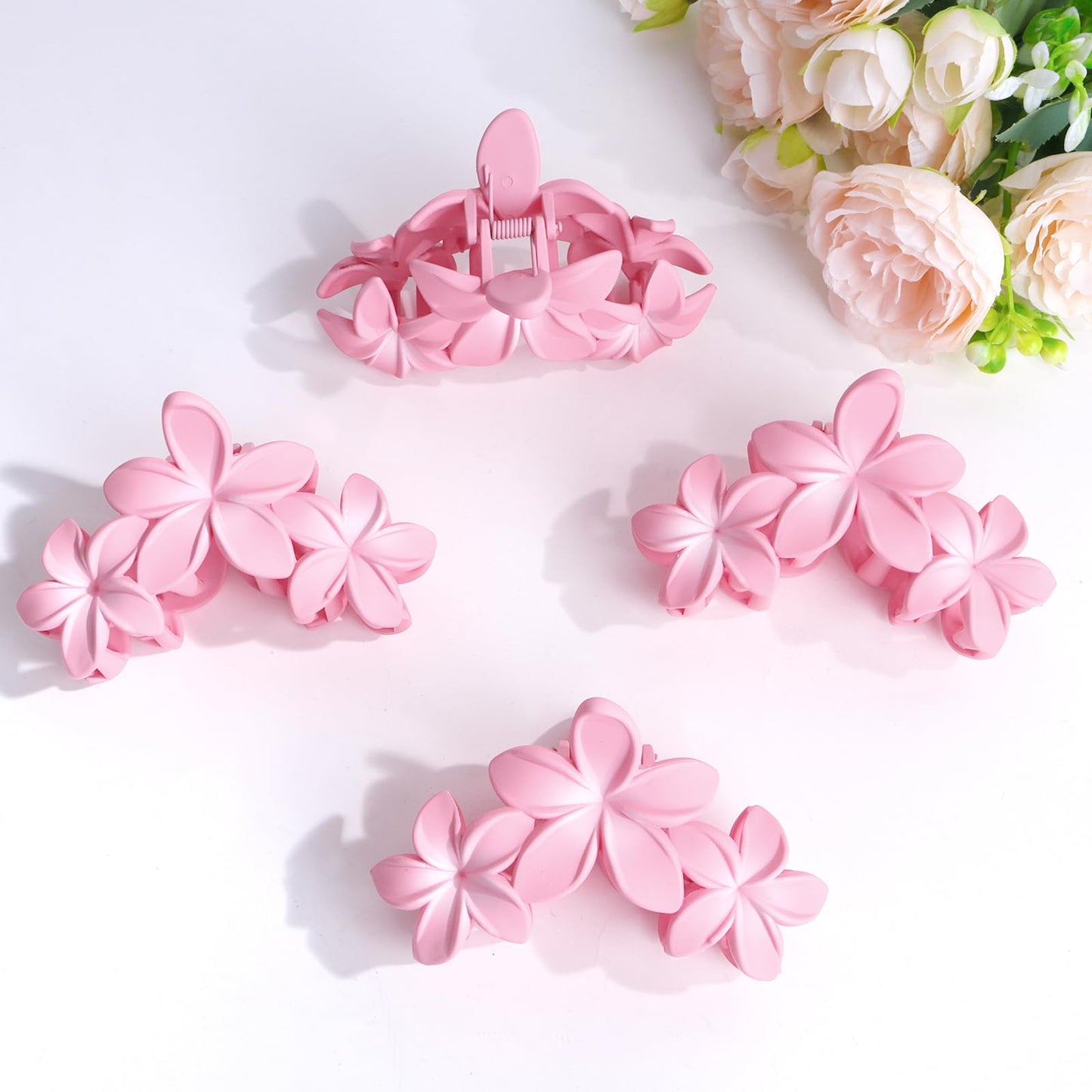 ANBALA 4PCS Flower Hair Clips, Tropical Plumeria Hair Clips for Women, Large Non-Slip Strong Hold Claw Clips, Beach Hair Accessories, Pink (4 Count)