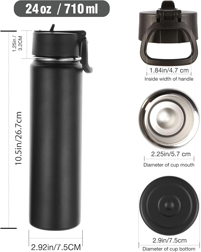 Volhoply 24oz Insulated Water Bottle With Straw Bulk 6 Pack,Metal Wide Mouth Water Bottles With Handle Lid Keep Cold,Reusable Double Wall Thermos,Powder Coated Sport Bottle For Holder(Black,6 Count)