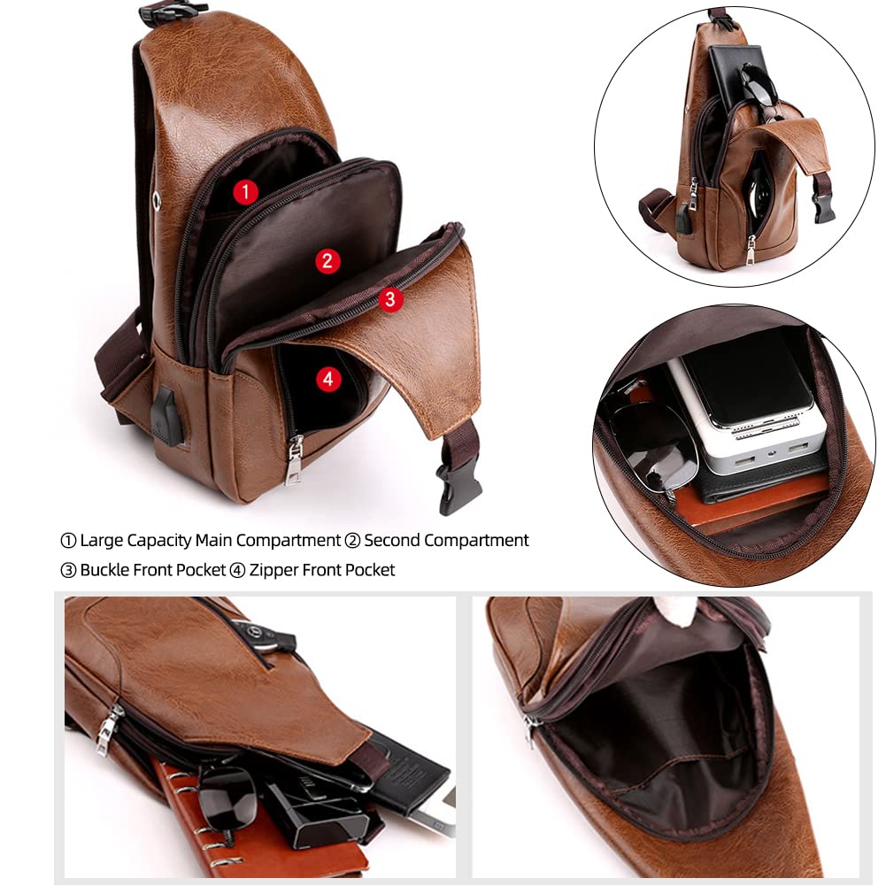 Peicees Leather Sling Bag Mens Crossbody Bag Chest Bag Sling Backpack for Men with USB Charge Port