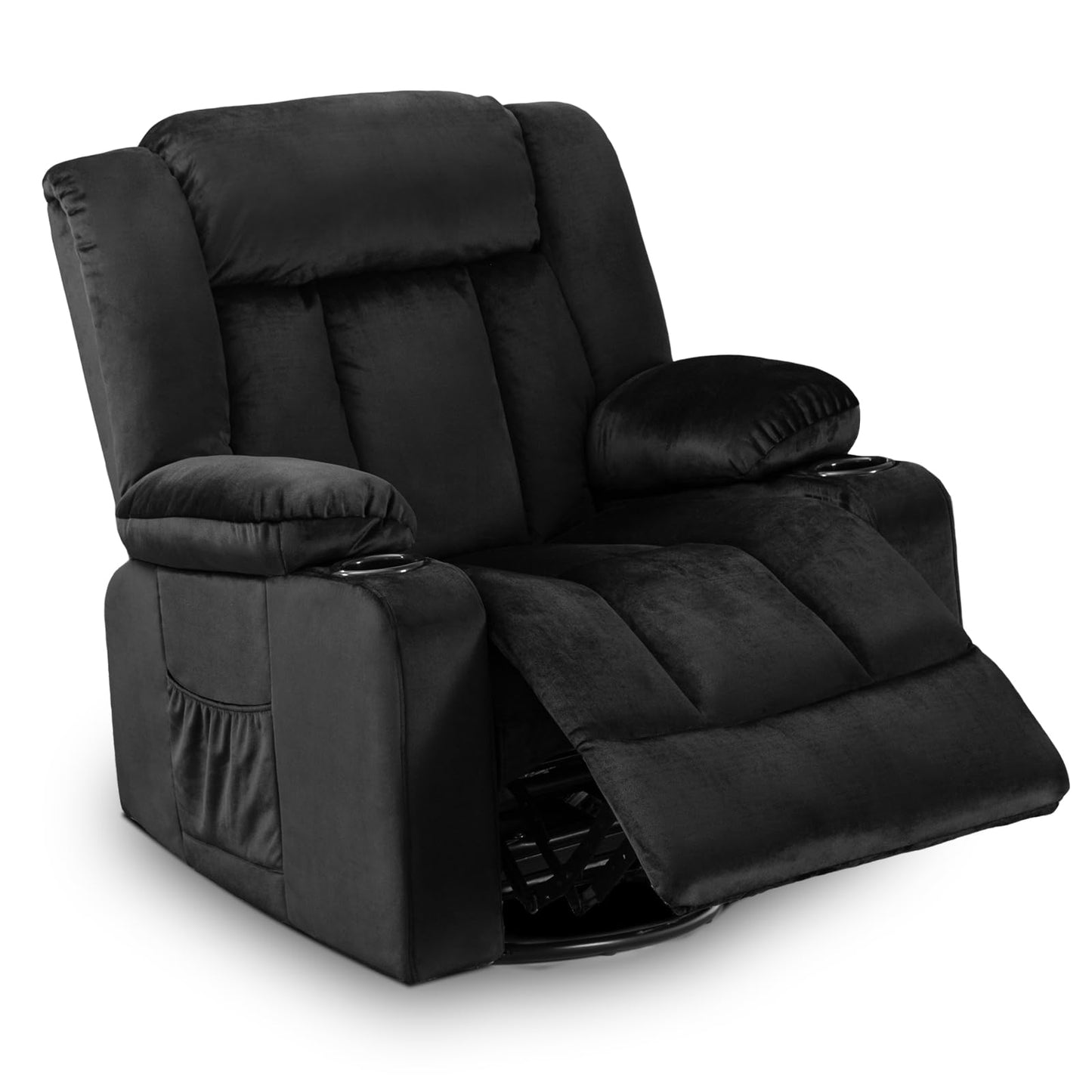 COMHOMA Recliner Chair,360° Swivel Rocker Glider Recliners with Cup Holders, Upholstered Fabric Rocking Chair for Adults,Manual Reclining Single Sofa for Living Room,Black