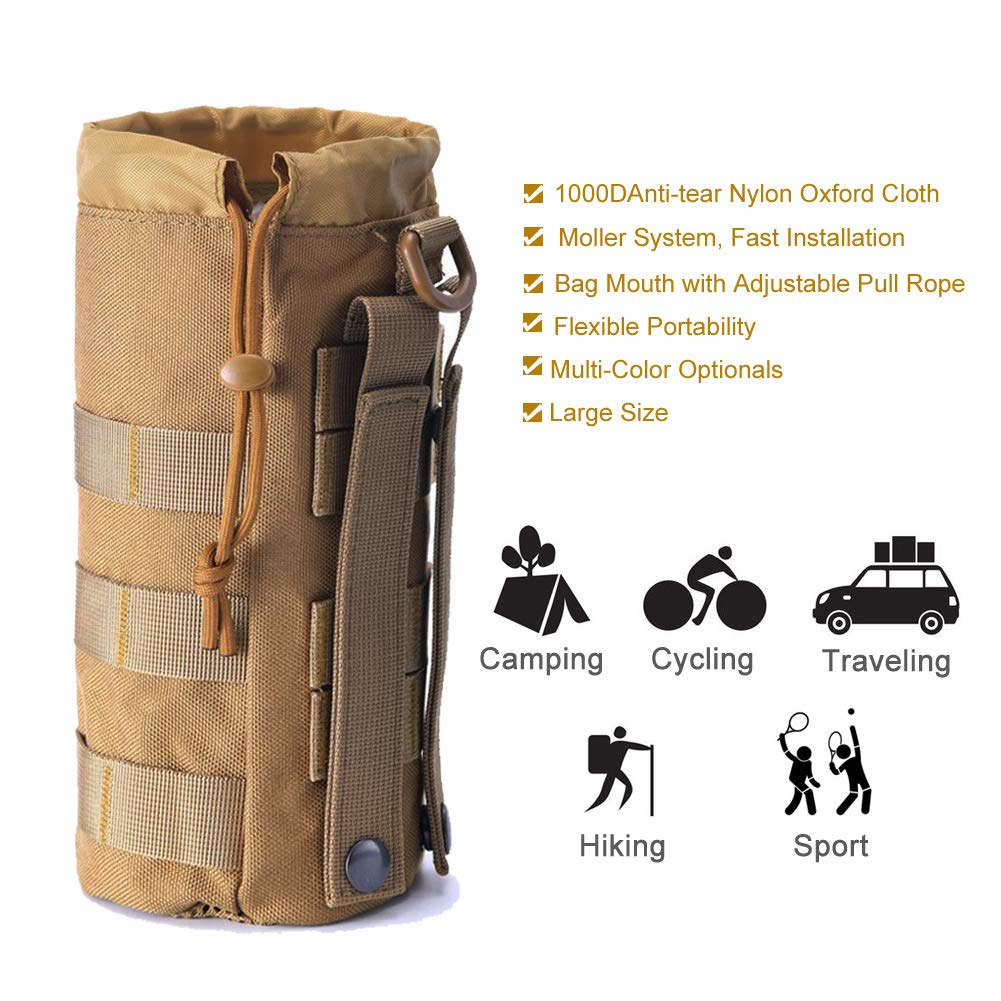 Upgraded Sports Water Bottles Pouch Bag, Tactical Drawstring Molle Holder Pouches, Travel Mesh Tactical Hydration Carrier (Tan-2Pack)