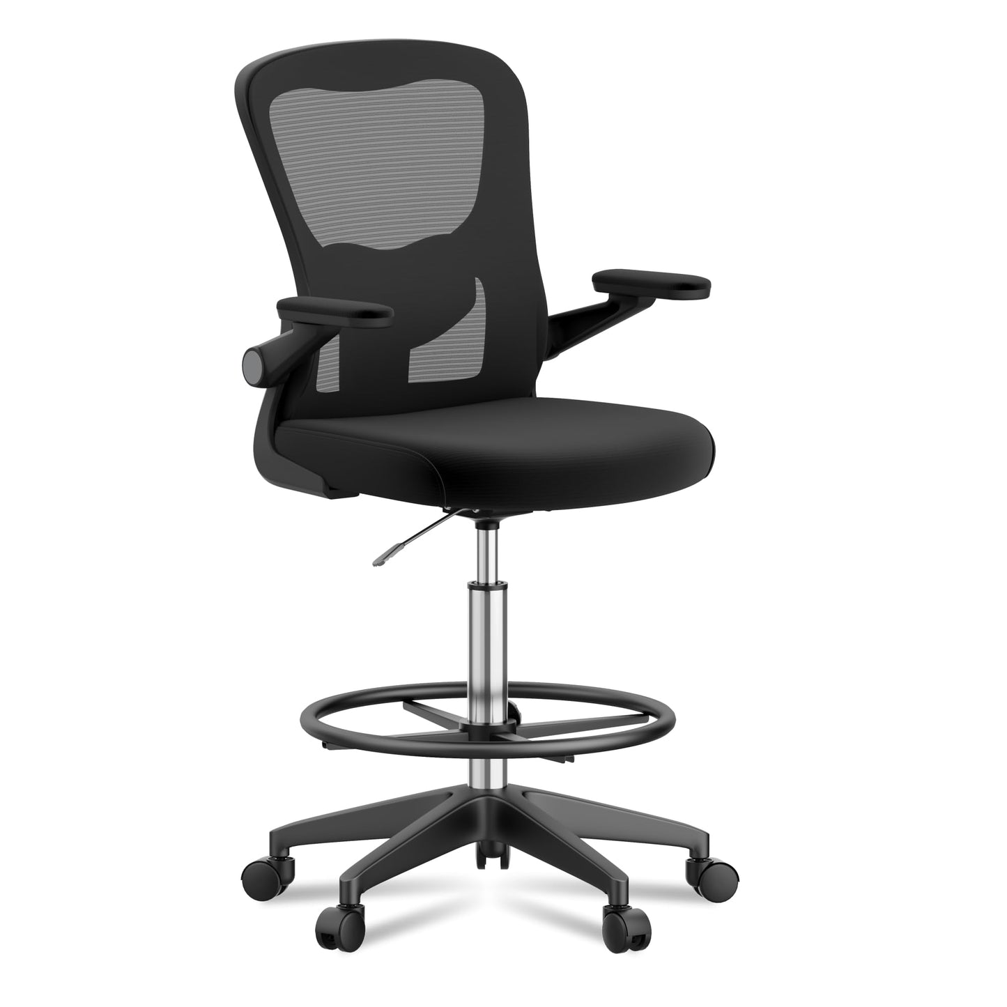 FLEXISPOT Upgraded Drafting Chair Tall Office Chair with 2D Lumbar,3D Flip-up Armrest,Standing Desk Chair with Breathable Mesh Adjustable Foot Ring Stool BIFMA Certified for Home Office,Drawing,Black