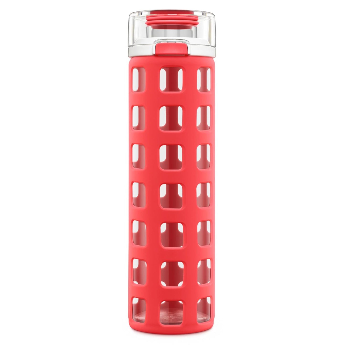 Ello Syndicate Glass Water Bottle with One-Touch Flip Lid and Protective Silicone Sleeve and Carry Loop, BPA Free, Dishwasher Safe, Coral, 20oz