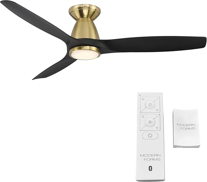 Skylark Smart Indoor and Outdoor 3-Blade Flush Mount Ceiling Fan 54in Satin Brass Black Adjustable CCT 2700K-3000K-4000K-5000K LED Light Kit and Remote Control works with Alexa and iOS or Android App