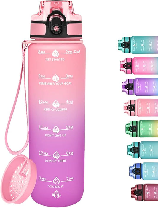 GOSWAG 32oz Motivational Water Bottles with Time Marker and Fruit Strainer, Sports Water Bottle with Times to Drink, Leakproof, Reusable Plastic Bottle with Strap no Straw for Gym, School