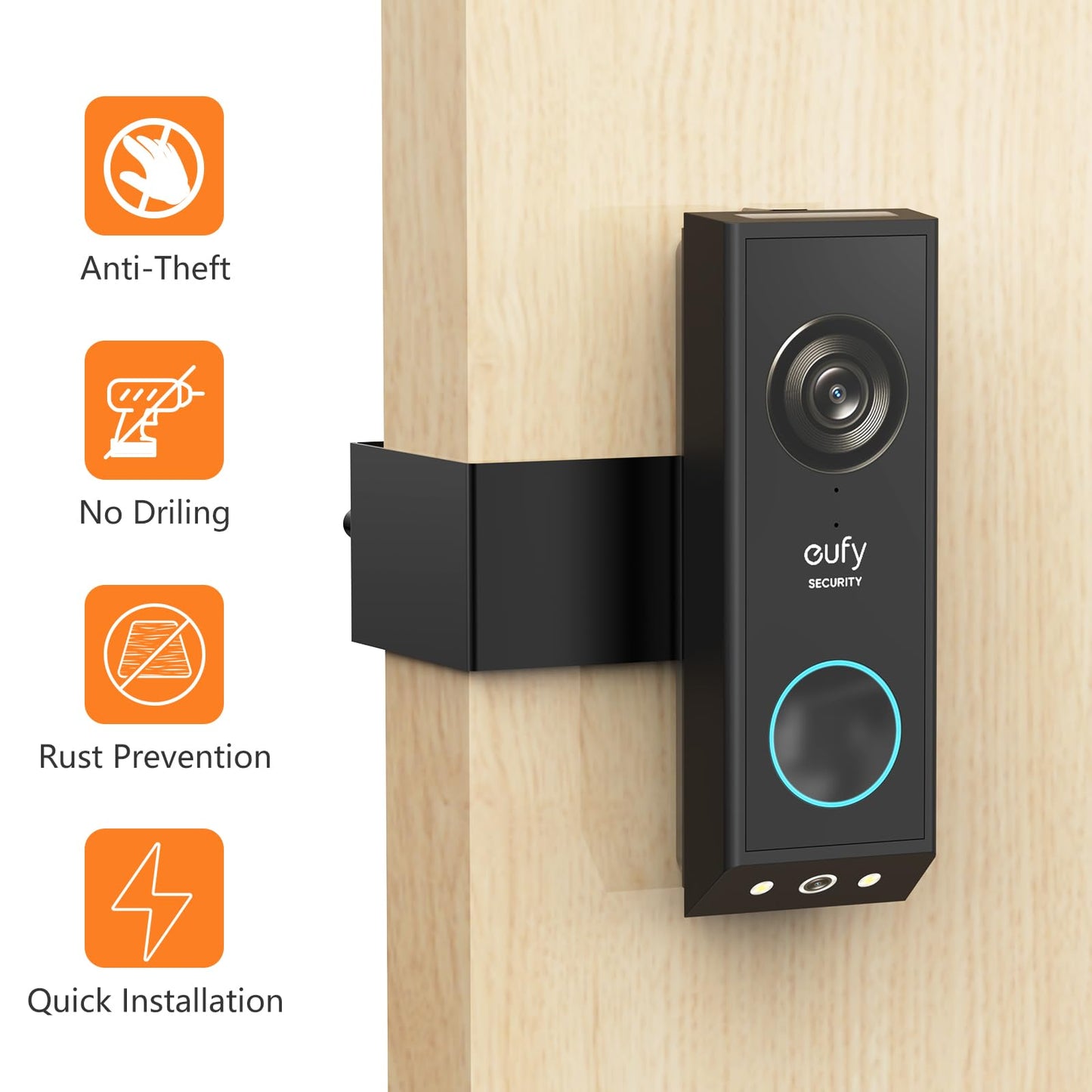 Anti-Theft Door Mount for Eufy E340, No-Drill Adjustable Mounting Bracket with Eufy Doorbell E340, Not Blocking Doorbell Sensor, Apartment Door Bell Kits for Renters, Black