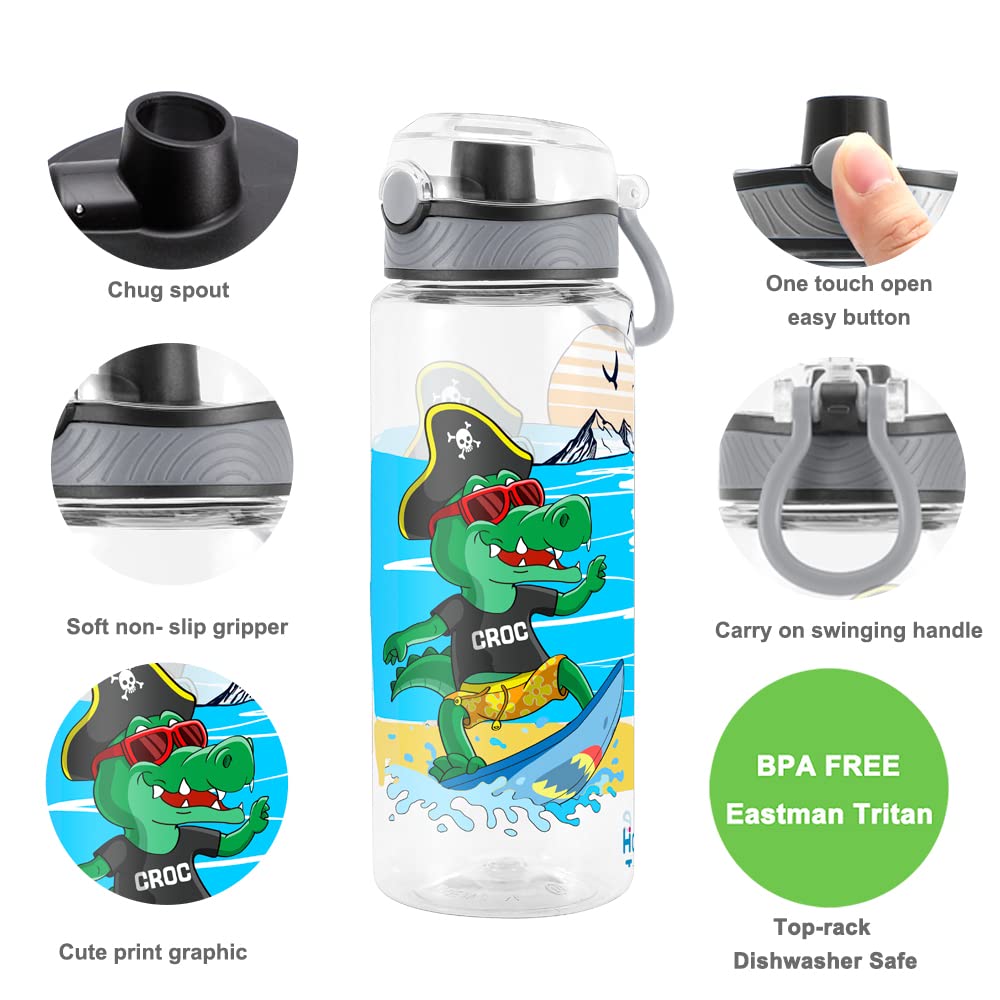 Cute Water Bottle for School Kids Girls, BPA FREE Tritan & Leak Proof & Easy Clean & Carry Handle, 23oz/ 680ml (Croc)