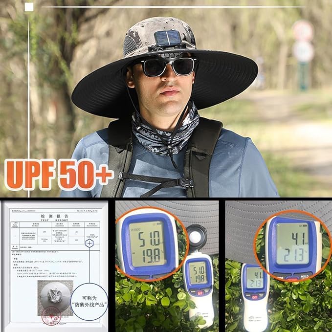 Nubudoz Wide Brim Solar Fan Hat, Wide Brim Solar Fan Outdoor Fishing Hat, Dual Power Solar Fan Hats for Men-Solar & USB Charging (Wide Brim Solar Fan Hat, Khaki)
