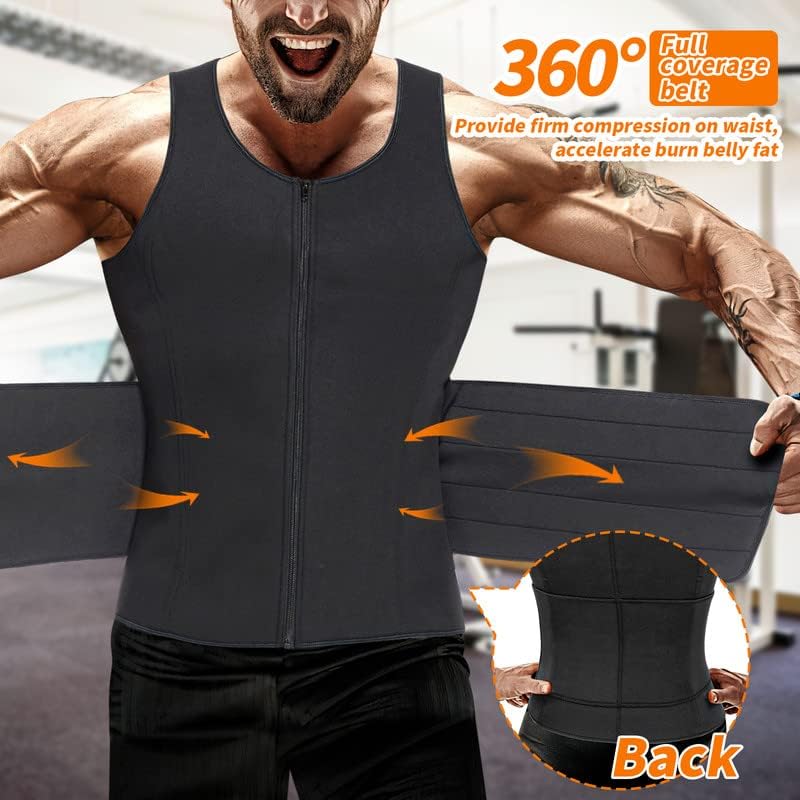 SHAPERIN Sweat Sauna Vest for Men Waist Trainer Body Shaper Zipper Neoprene Tank Top with Adjustable Belt Black S