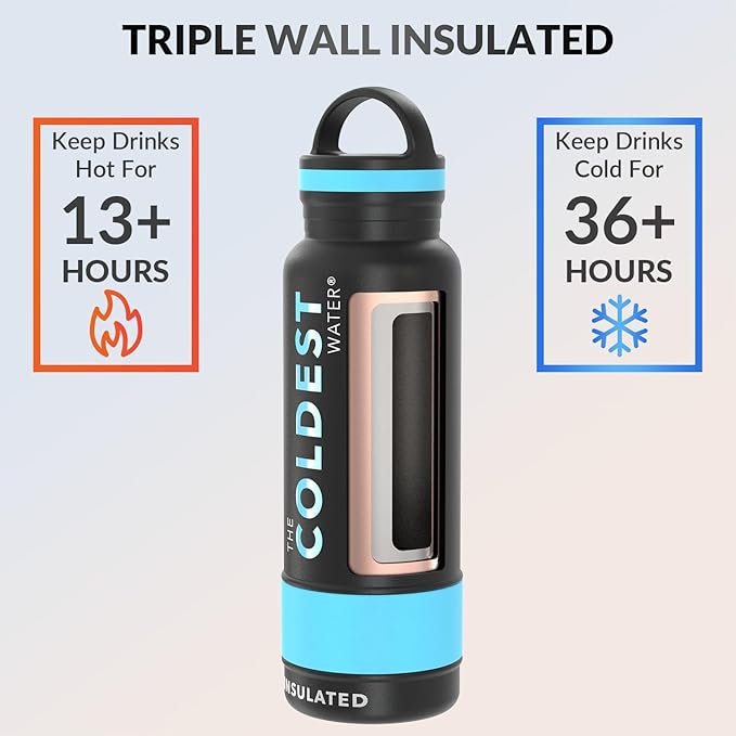 Coldest Insulated Water Bottle with Handle Lid | Leak Proof, Insulated Stainless Steel, Triple Walled, Sport Thermos Bottles, Metal Flask (βMatte Black, 21 oz)