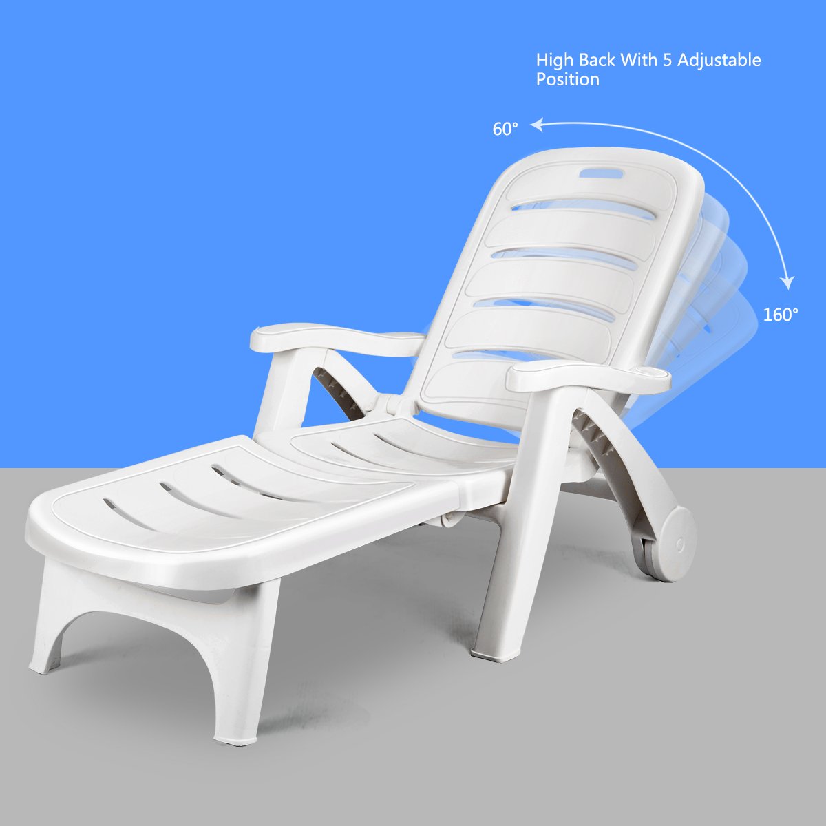 Giantex Folding Lounger Chaise Chair on Wheels Outdoor Patio Deck Chair Adjustable Rolling Lounger 5 Position Recliner w/Armrests (2, White)