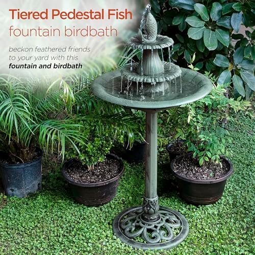Alpine Corporation TEC104 Outdoor Floor 3-Tiered Pedestal Soothing Cascading Waterfall Fountain with Birdbath, 40", Green