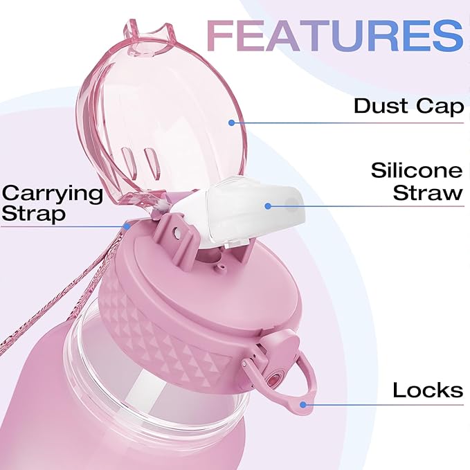 OLDLEY Kids Water Bottle for School, 12 oz (Straw Lid) BPA-Free Reusable Leak-proof Durable Tritan Plastic Water Bottles with One-handed Opening Straw Lids, Anti-dust Spout Cover (Pink-Blue)