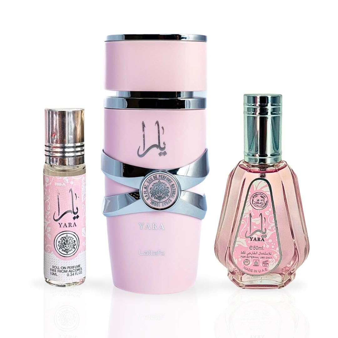 Lattafa Yara 3-piece Fragrance Bundle for Women (3.4 Oz Eau de Parfum Spray + 1.7 Oz Eau de Parfum Spray + 0.34 Oz Roll-On Perfume Oil)