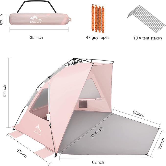 Oileus XX-Large Pop Up Beach Tent Sun Shelter for 5-6 Person Portable Sun Shade Instant Tent for Beach with Carrying Bag, Stakes, 6 Sand Pockets, Anti UV for Fishing Hiking Camping Pink