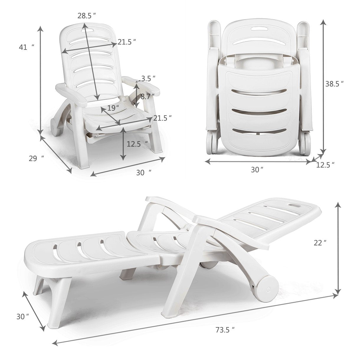 Giantex Folding Lounger Chaise Chair on Wheels Outdoor Patio Deck Chair Adjustable Rolling Lounger 5 Position Recliner w/Armrests (2, White)