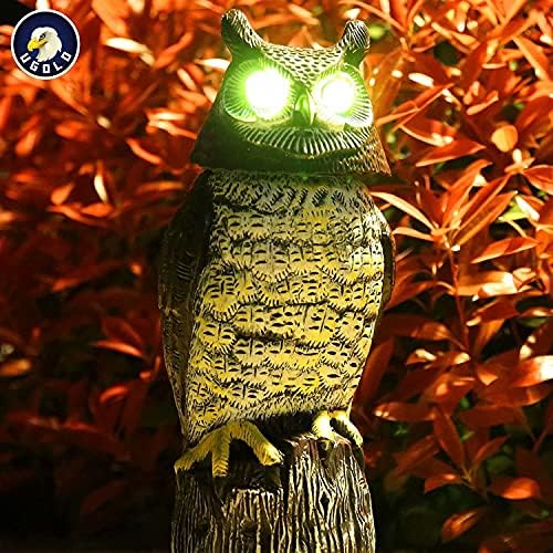 Solar Powered Owl with Motion Detection, Silent Mode, Flashing Eyes, Rotatable Head and Realistic Hoots, Plastic Owl Decoration for Home, Garden, Patio and Fence