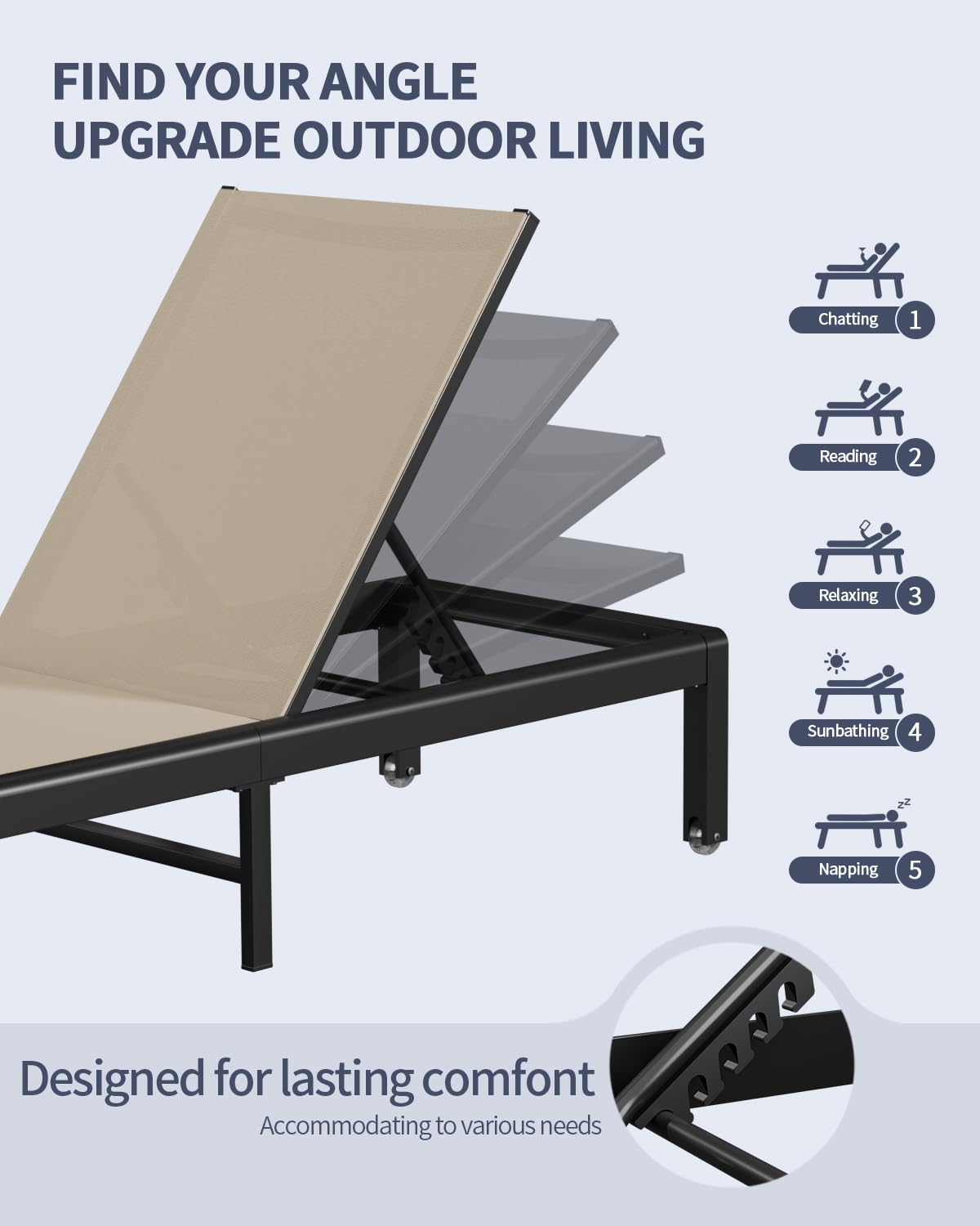 WOAJNQO Aluminum Lounge Chairs Outdoor Chaise Furniture,2 Sets Patio Metal Deck Lounger Adjustable 5-Position Poolside Chase Recliner with Wheels for Beach,Coffee Table,(Khaki, 2 Chair + Table